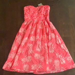 New Tommy Bahama Pineapples Print Ruched Halter Strapless Dress, Melon Berry